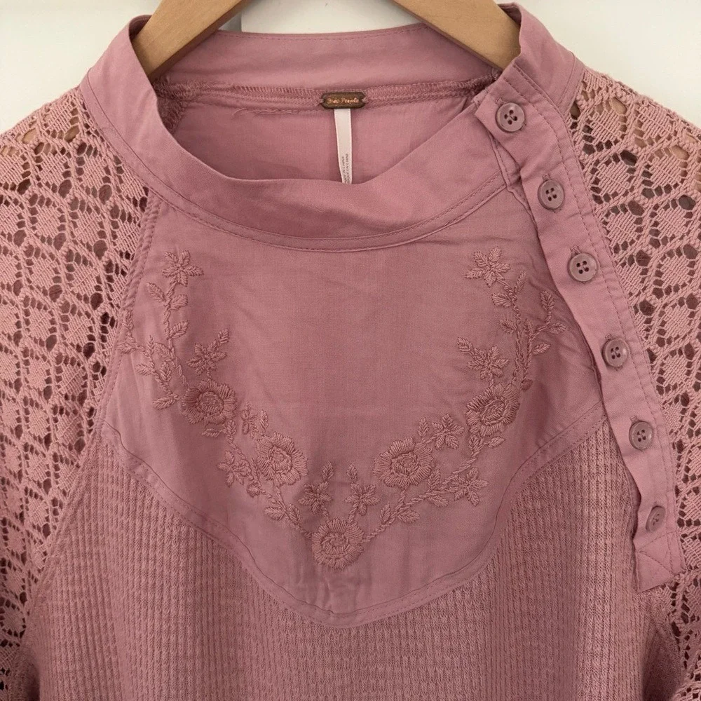 Free People Women's Sweetest Thing Thermal Pink Blush Top Lace Balloon‎ Sleeve M